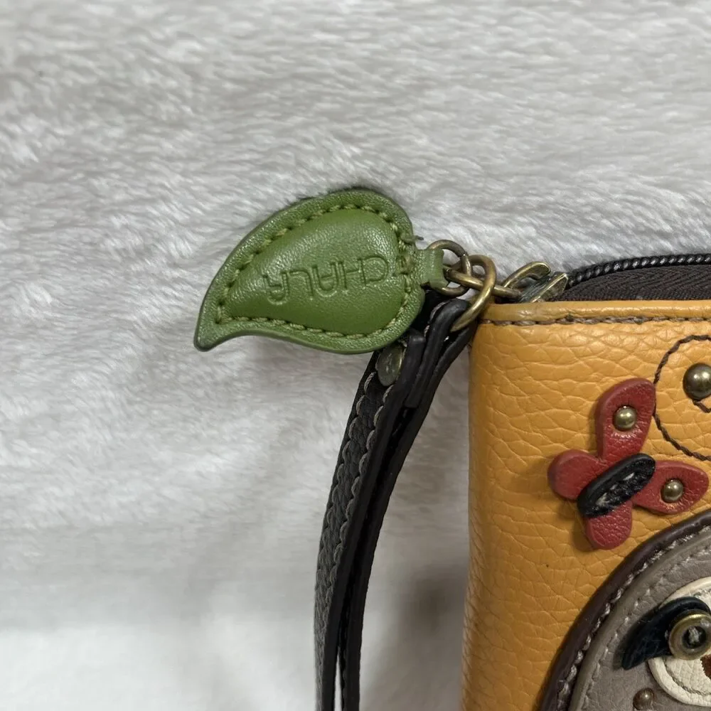 Chala Yellow Leather Zip-Around Wristlet with Sloth Applique